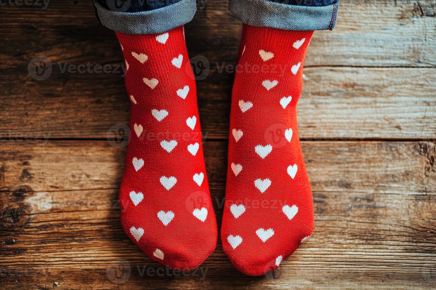 Woman wearing red socks with white hearts resting feet on wooden floor photo