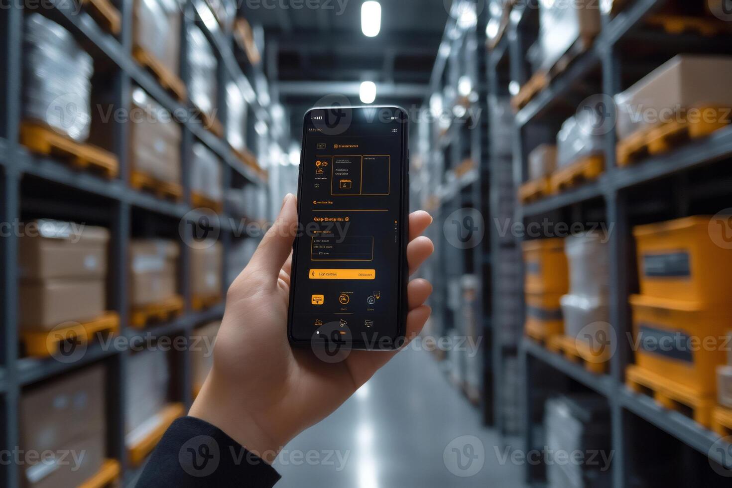 Warehouse manager using smartphone app managing inventory and logistics photo