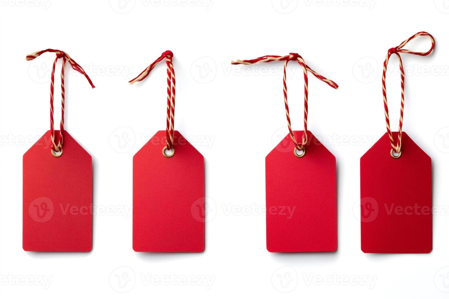 Four red blank gift tags with gold string on white background photo