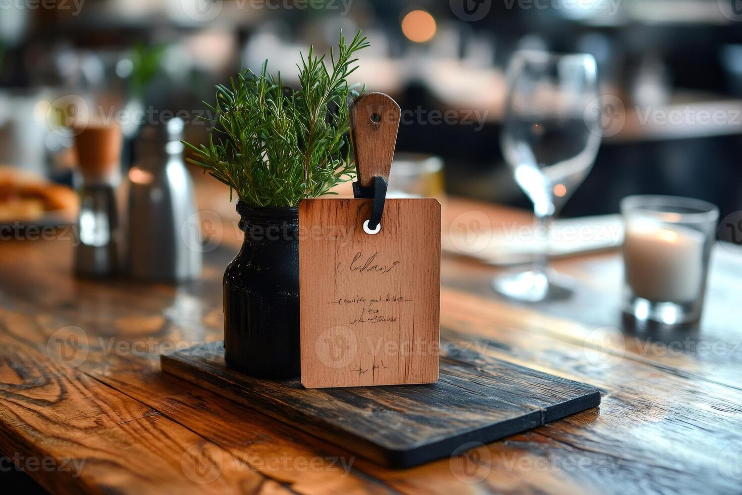 Rosemary sprig and wooden table number in modern restaurant setting photo