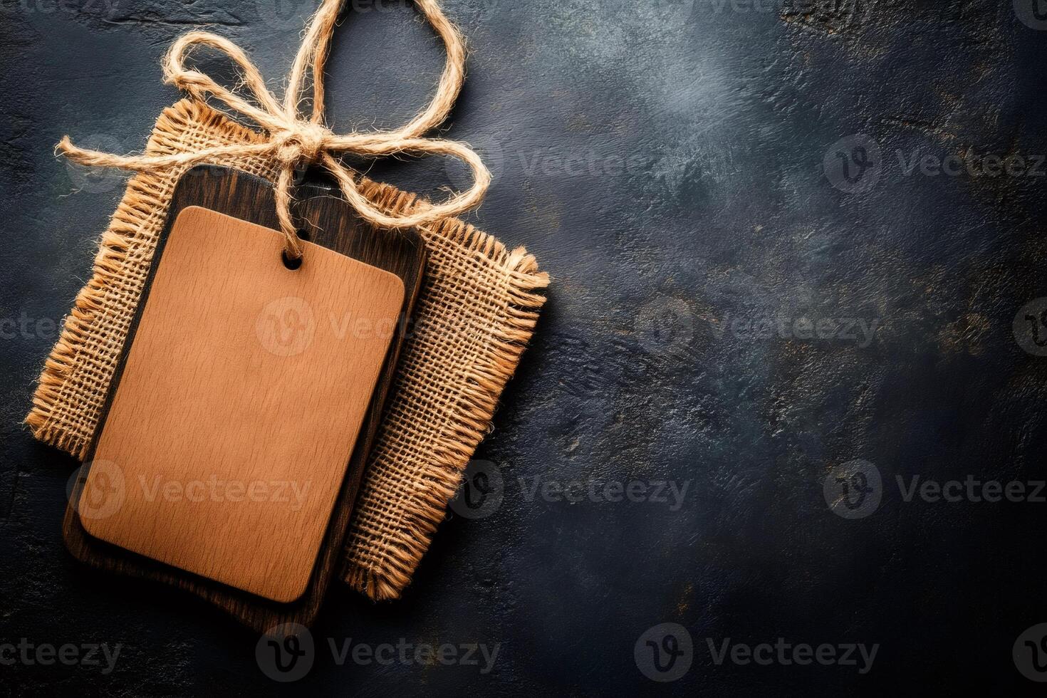 Two wooden tags tied with twine on burlap and dark background photo
