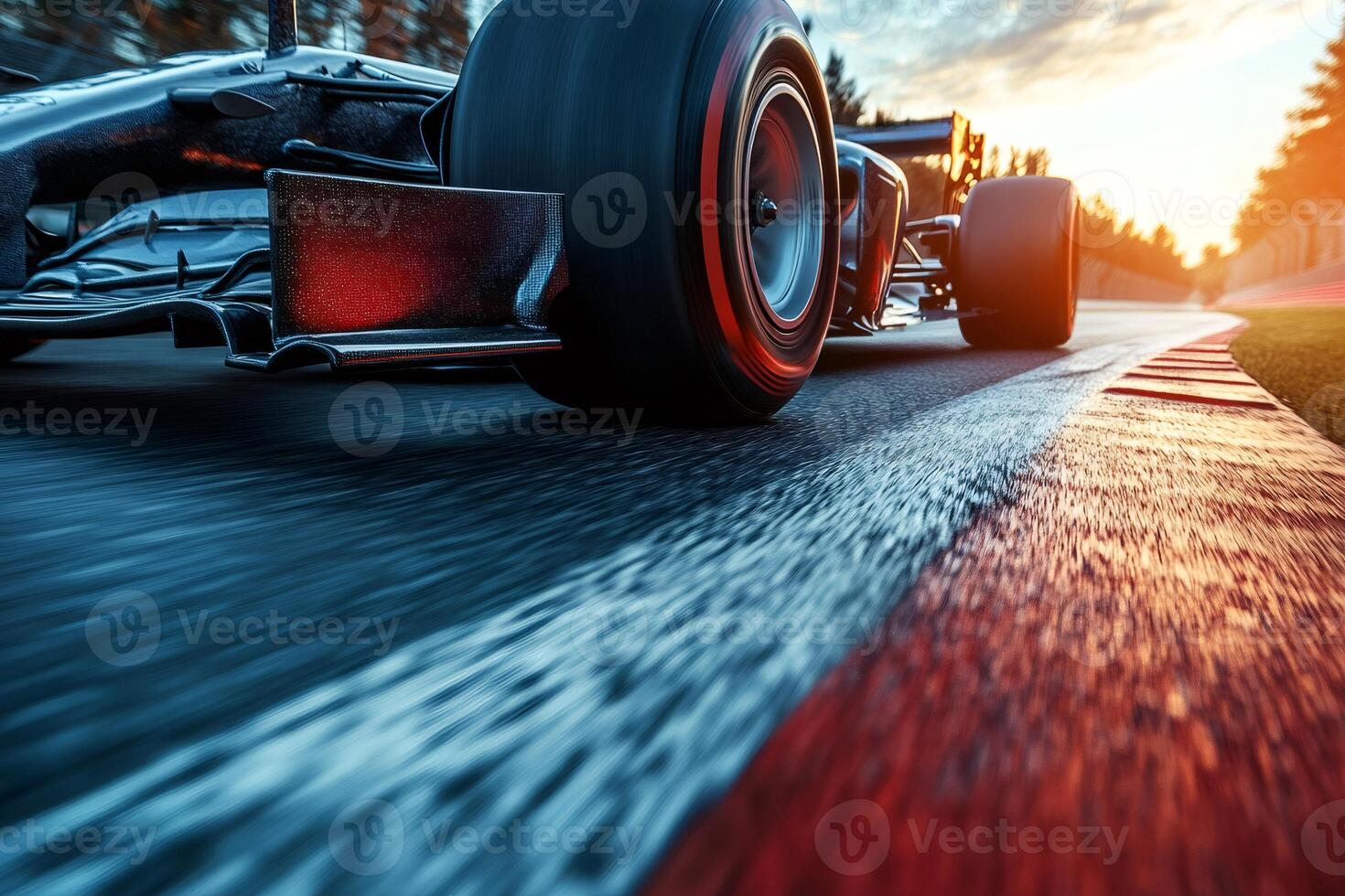 Formula one racing car speeding on a circuit at sunset photo