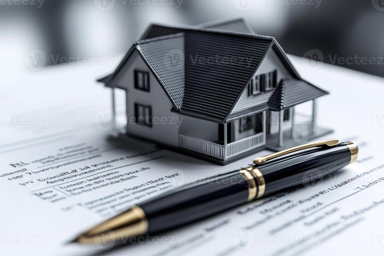 Miniature house and pen resting on a contract or agreement for buying or renting property photo