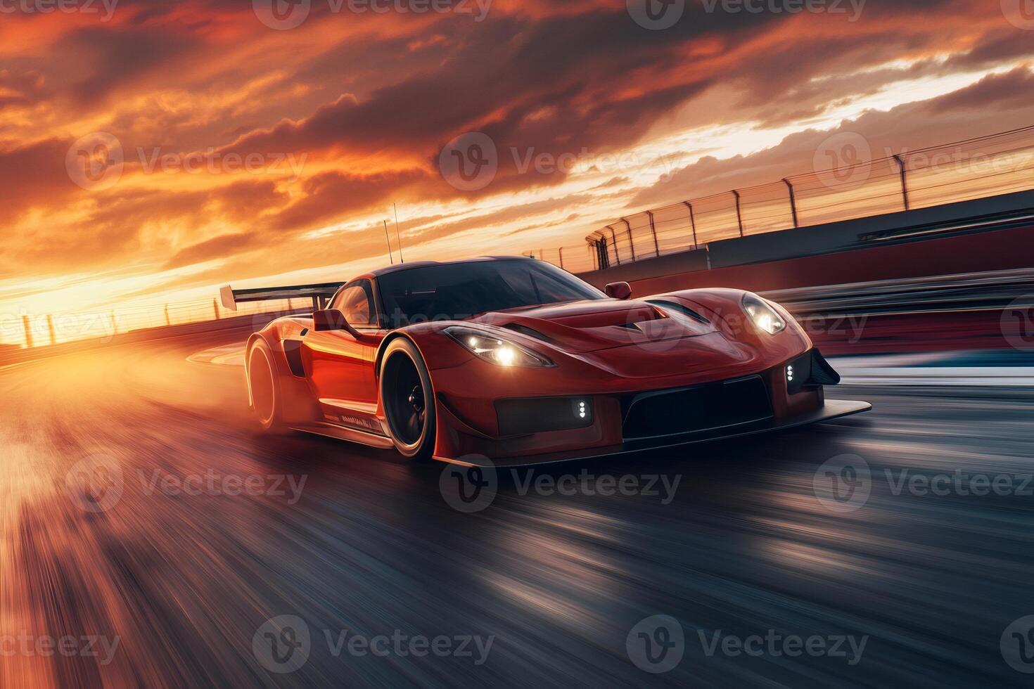 Red racing car speeding on a track during a vibrant sunset photo