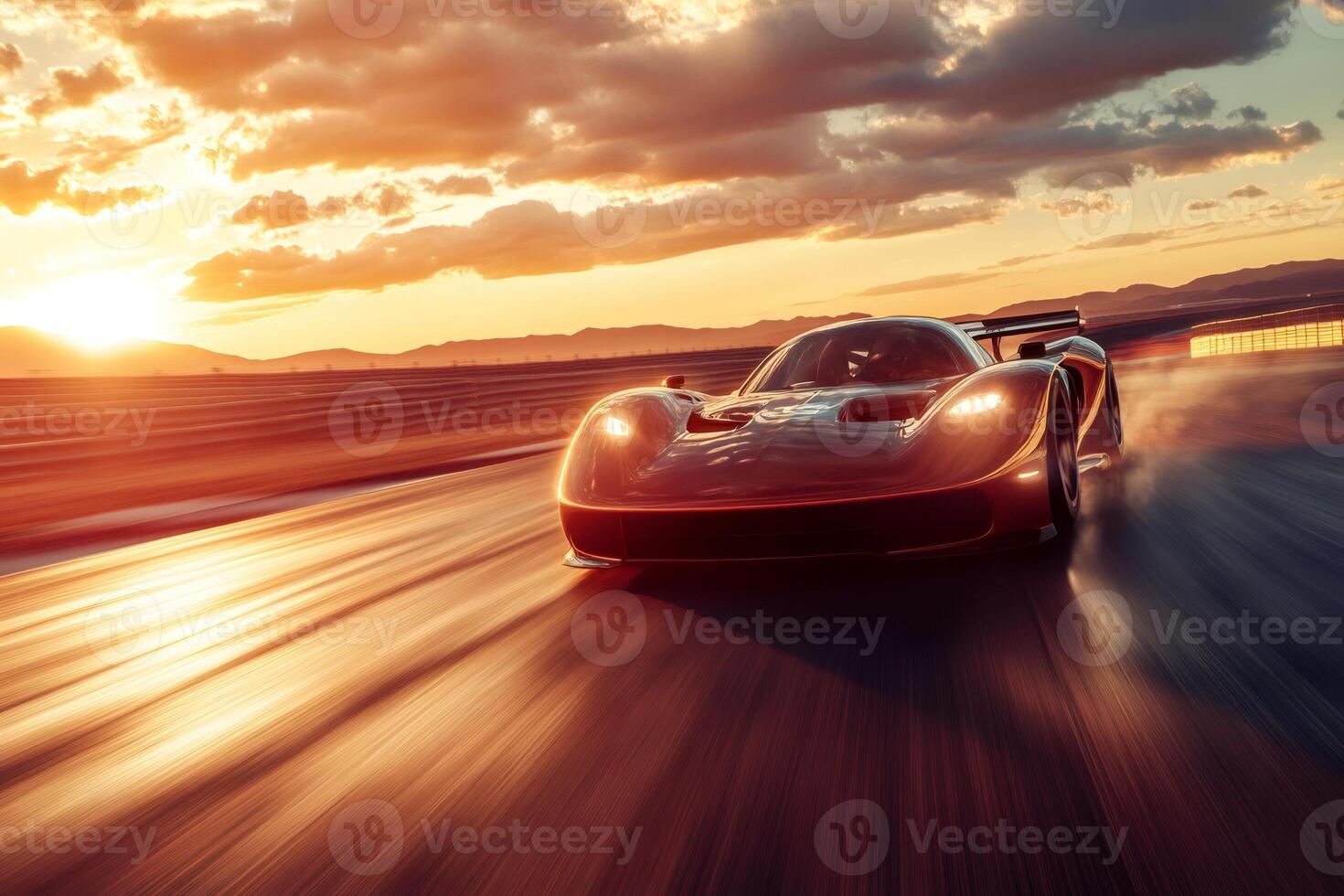 Modern sportscar driving fast on a circuit at sunset photo