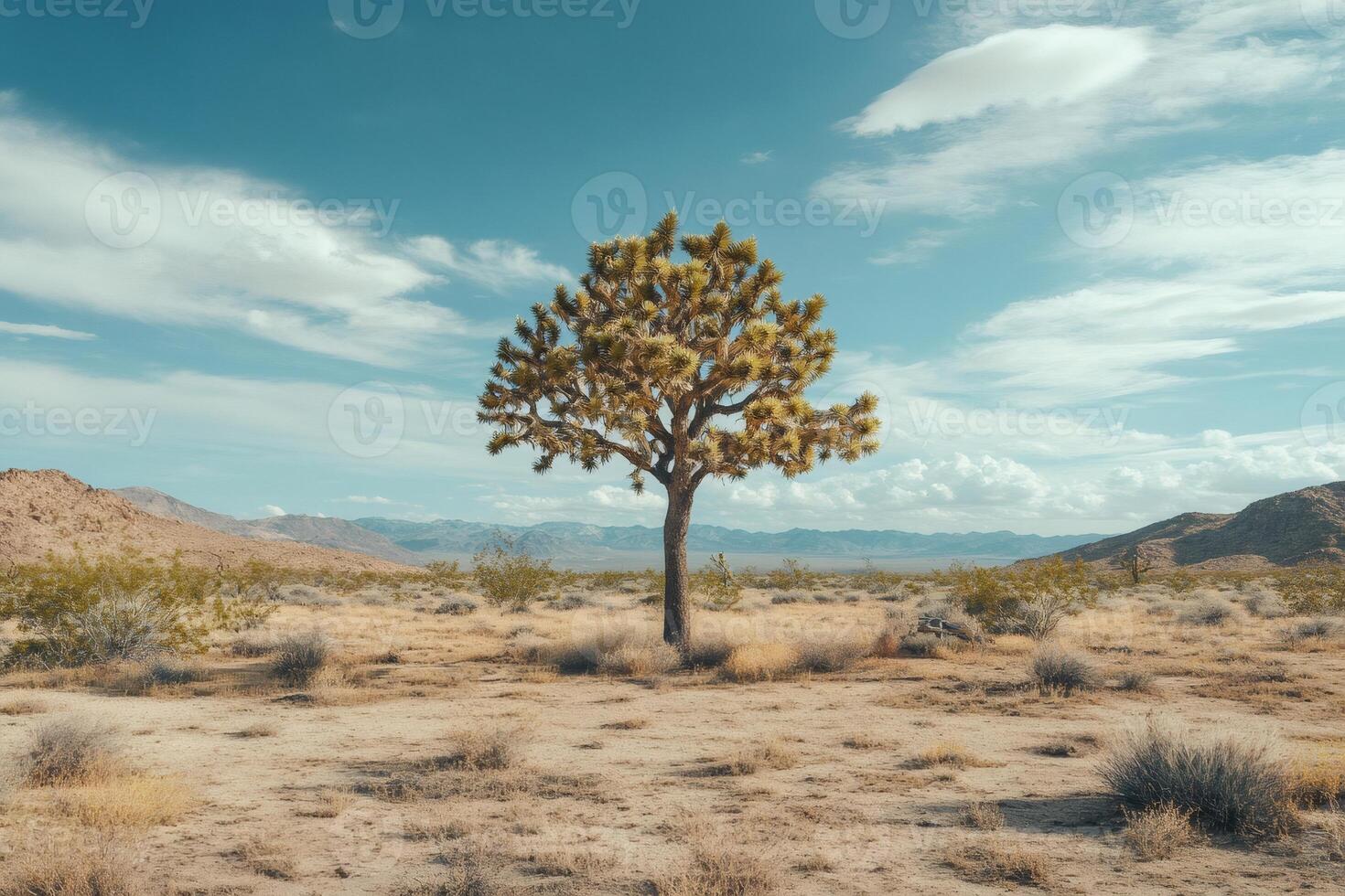 Joshua tree standing in the Mojave Desert under a cloudy sky photo