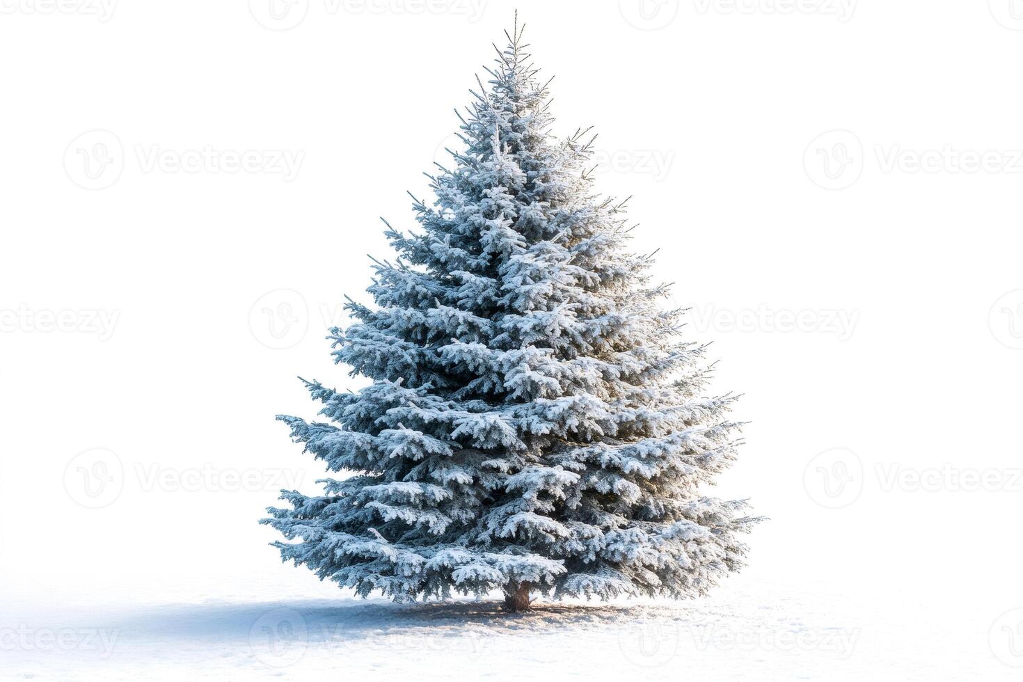 Majestic snow-covered pine tree against a bright white background photo