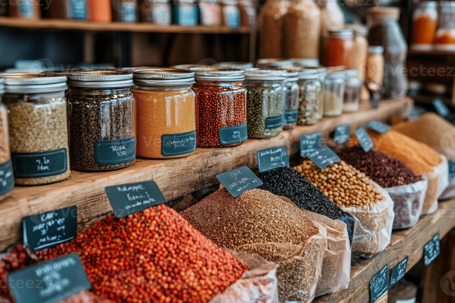 Various colorful spices and herbs for sale at zero waste shop photo