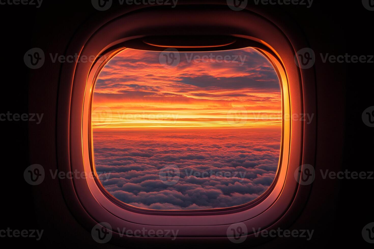 Airplane window view of beautiful sunset over clouds photo