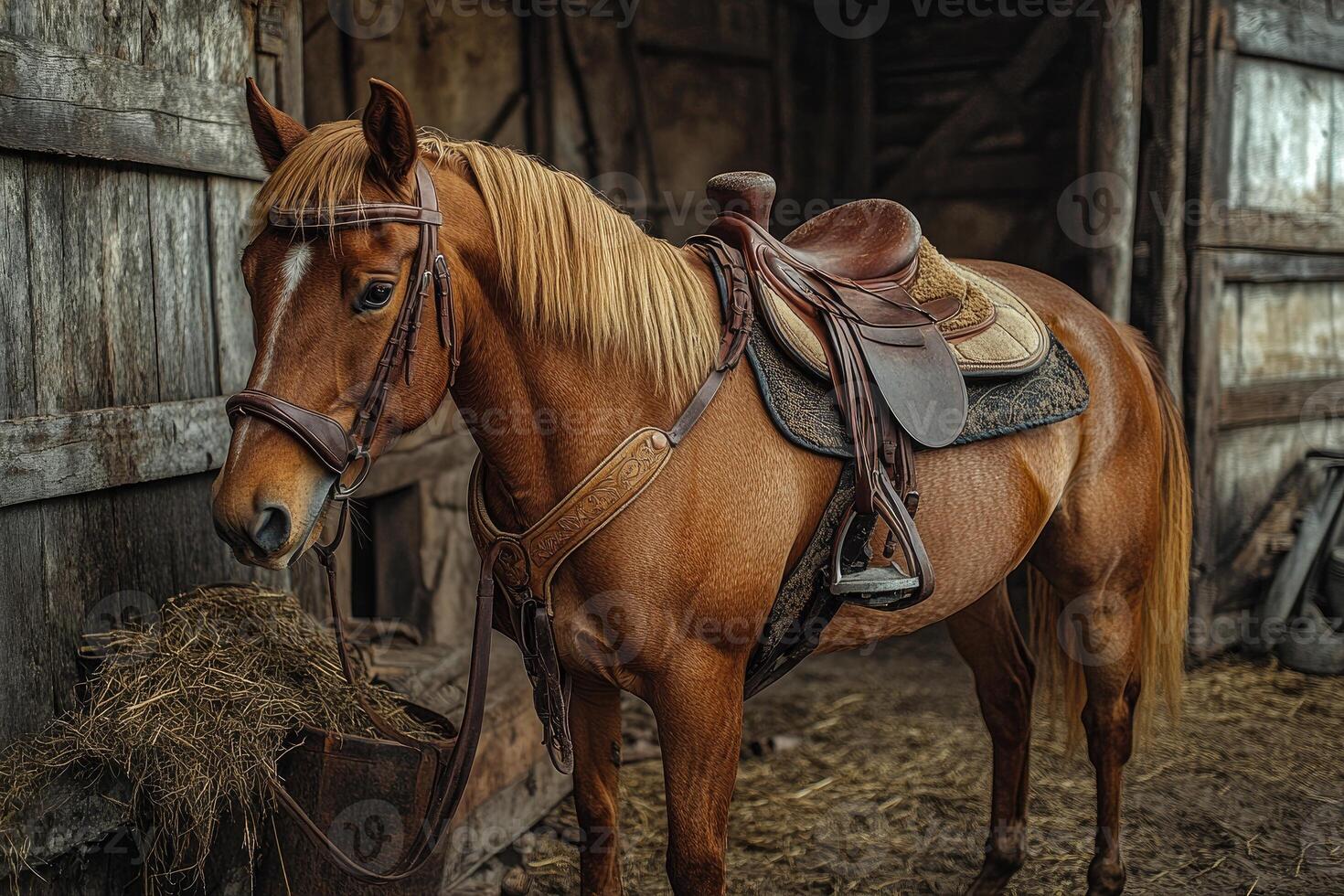 Chestnut horse eating hay in the stable wearing western saddle and bridle photo