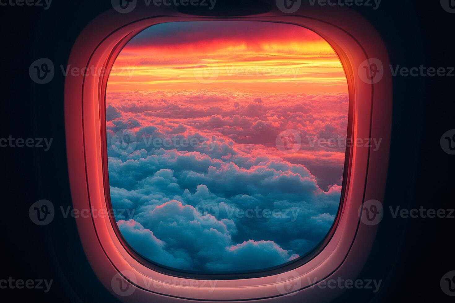 Dramatic sunset over clouds viewed from airplane window photo