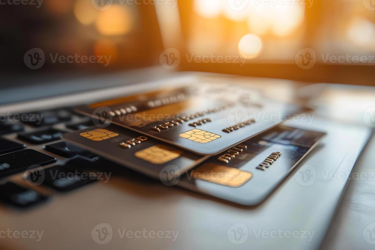 Credit cards lying on laptop keyboard suggesting online shopping photo