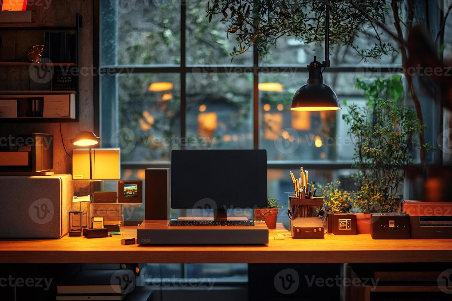 Cozy home office setup featuring computer, plants, and warm lighting illuminating workspace photo