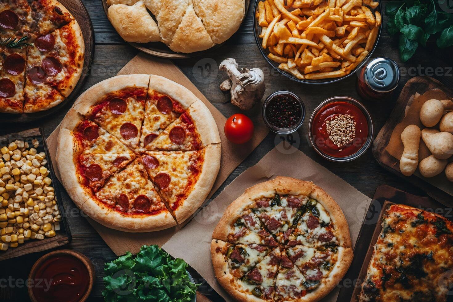 Delicious pepperoni and sausage pizzas with french fries, corn, sauces, garlic and breadsticks lying on a wooden table photo