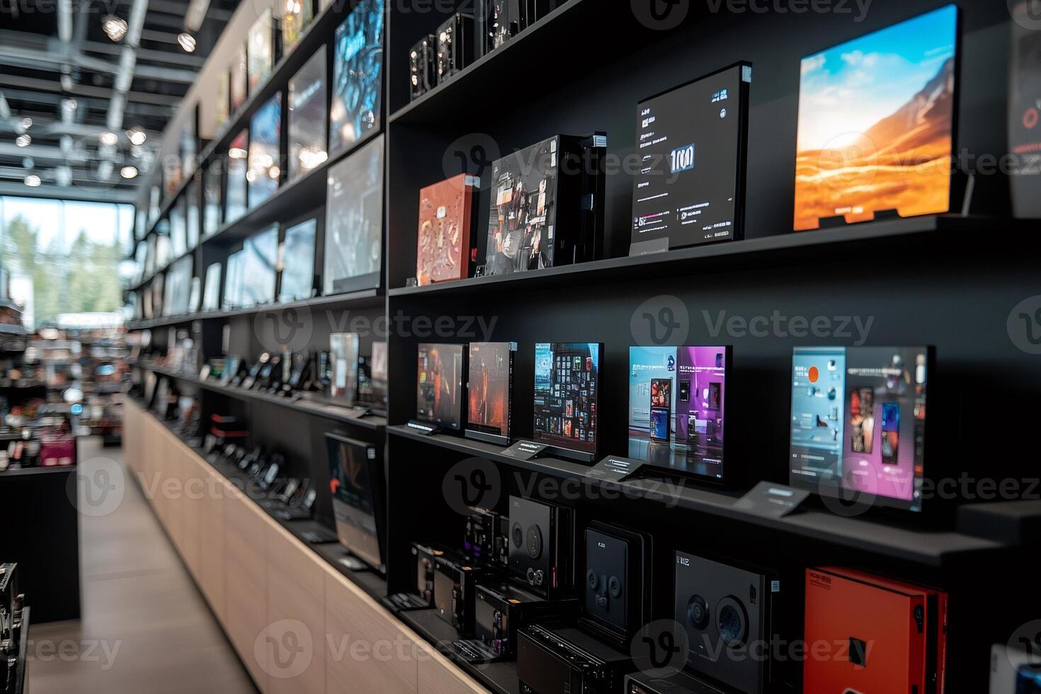 Computer hardware store showcasing various monitors and electronic devices photo