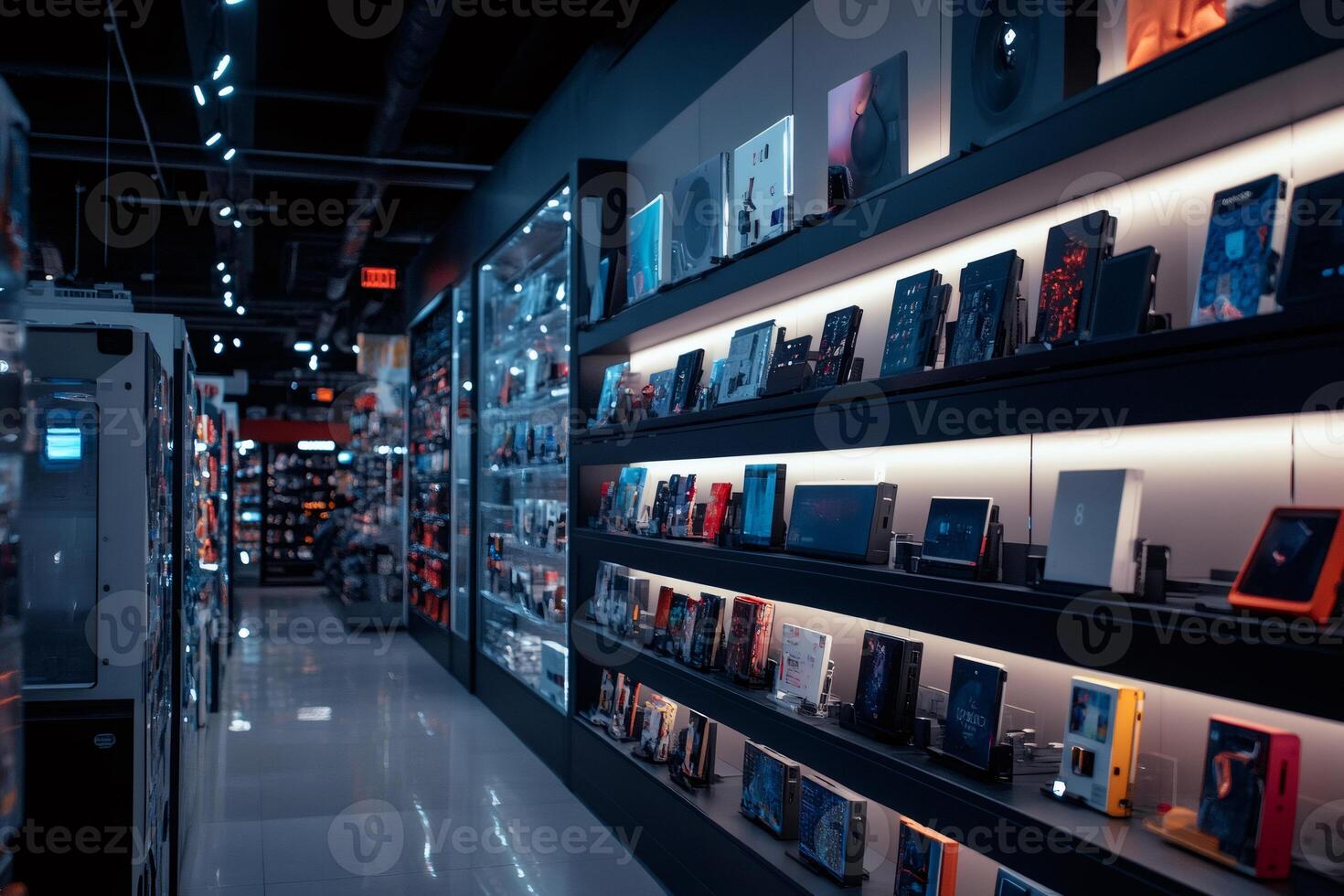 Modern electronics store showing various devices on shelves photo