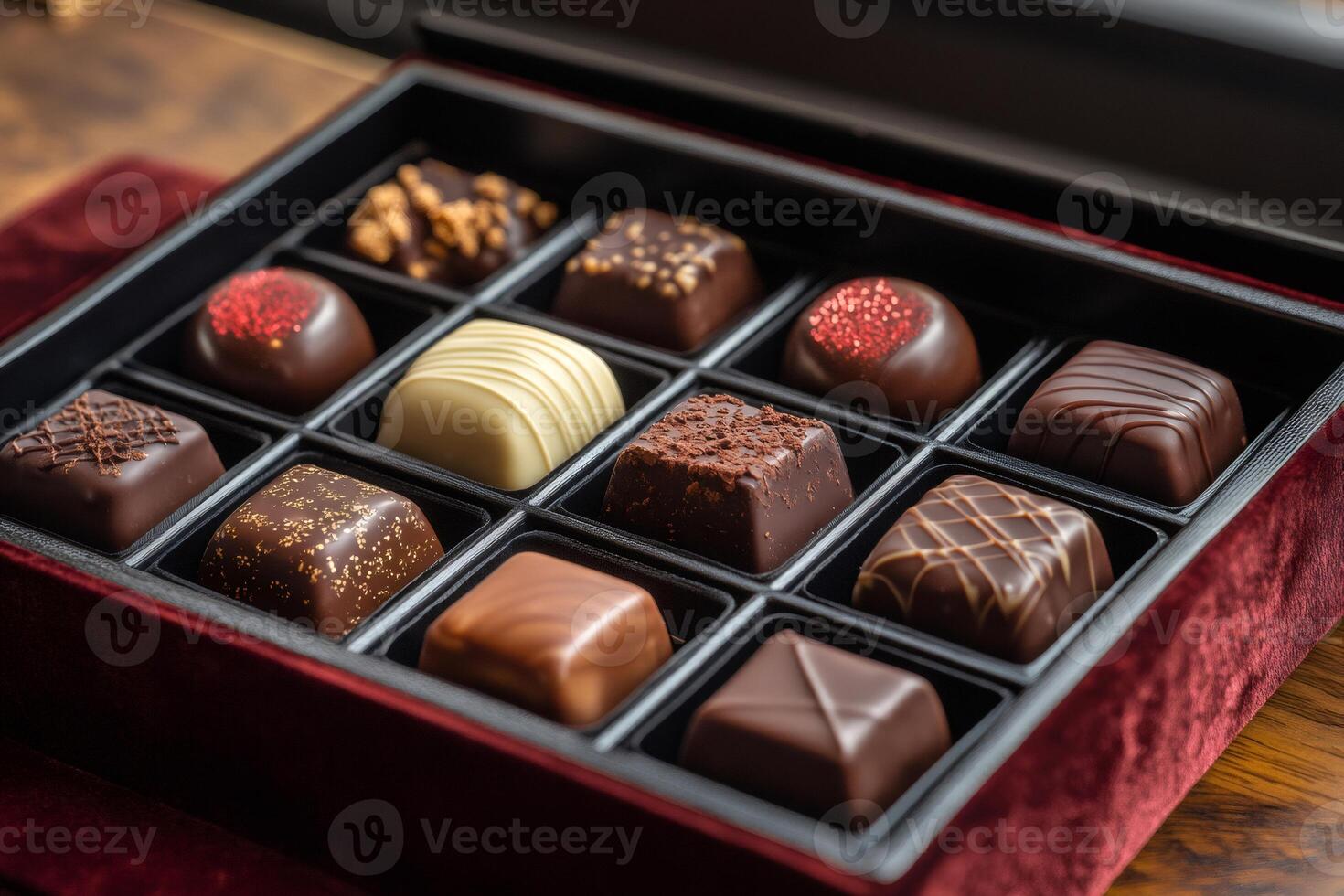 Box of assorted gourmet chocolates is displaying a selection of delicious handcrafted treats photo