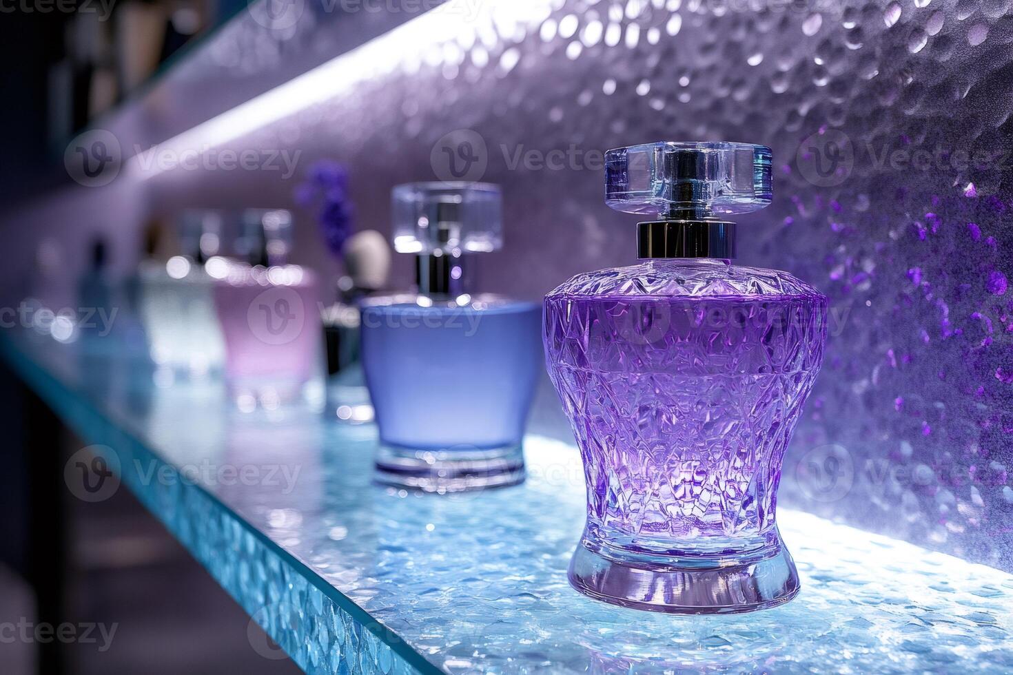 Various perfume bottles sitting on illuminated glass shelf in store display photo