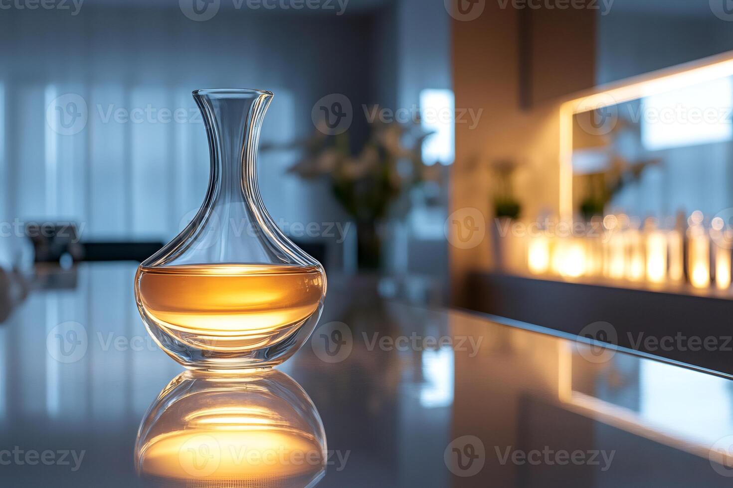 Crystal decanter with golden liquid reflecting on modern kitchen counter photo