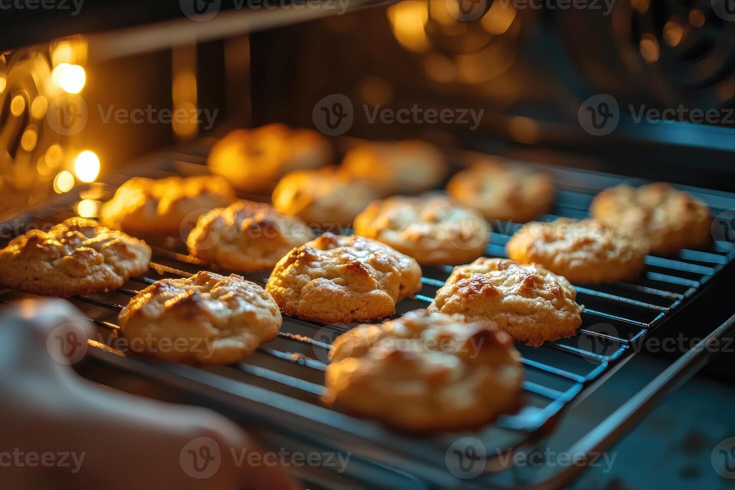 Baker taking freshly baked cookies. photo