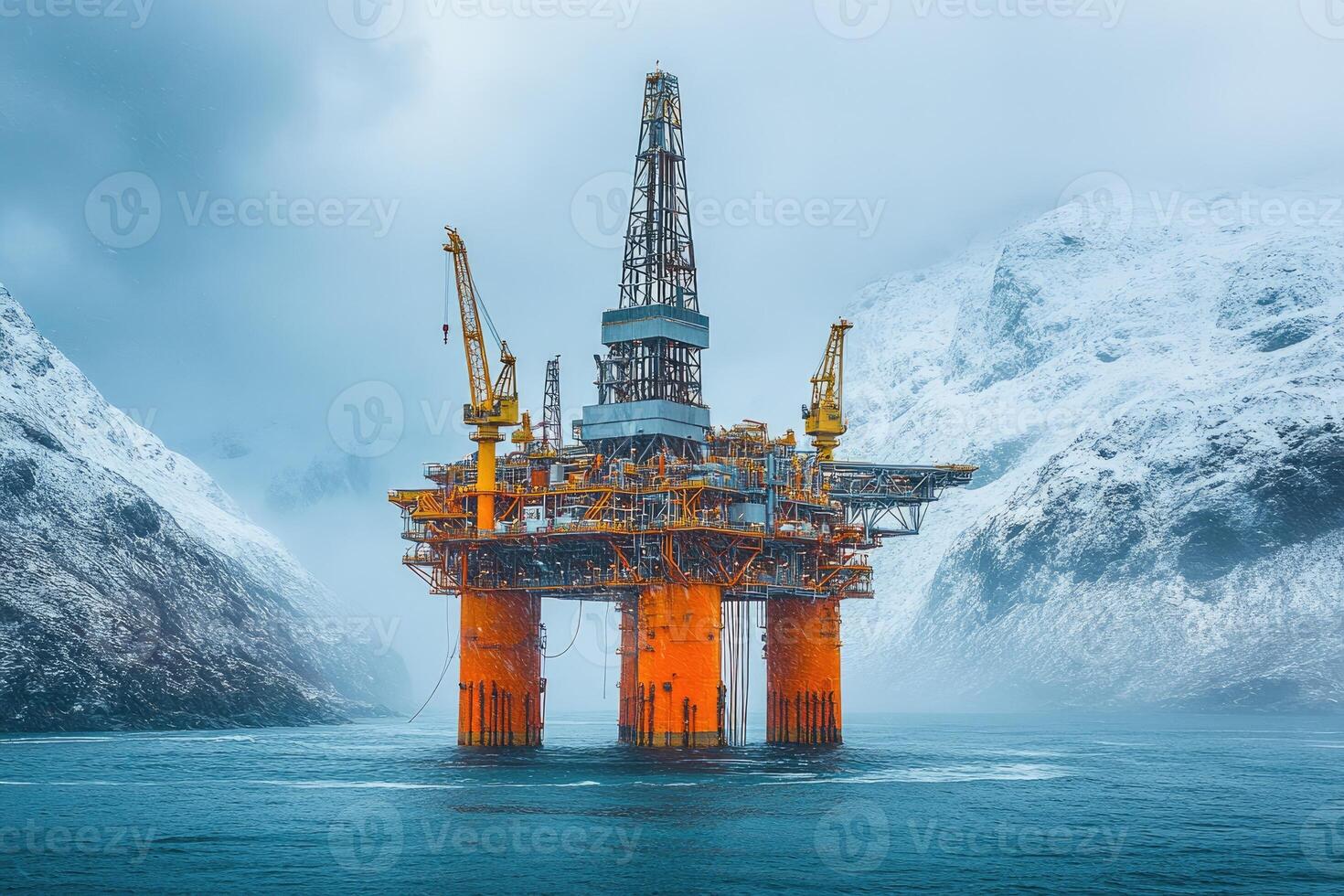 Offshore oil rig extracting petroleum near snowy mountain in the arctic ocean photo