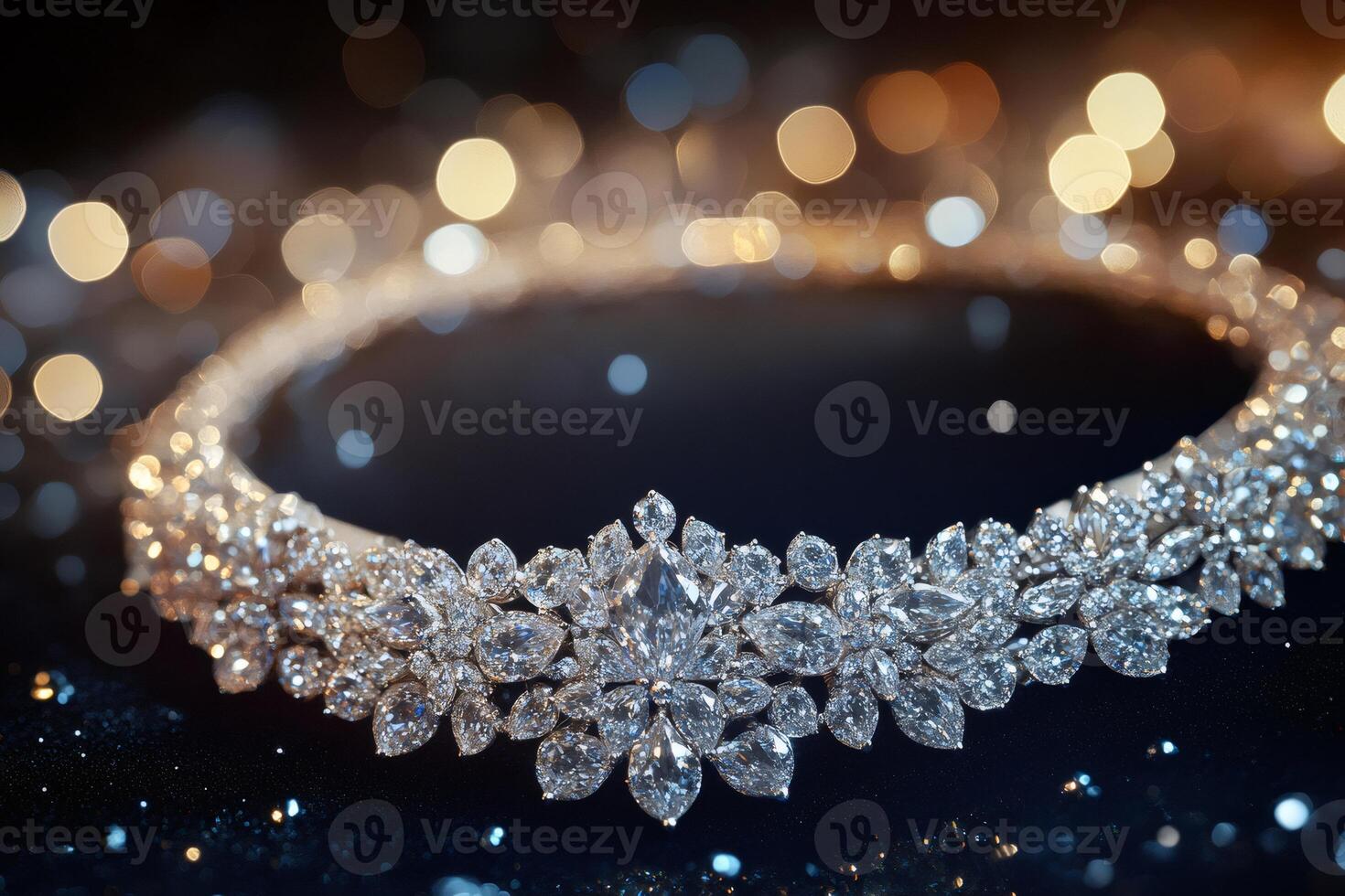 Luxury diamond necklace sparkling on dark background with bokeh effect photo