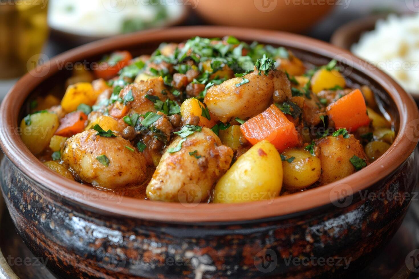 Tasty chicken tajine with potatoes, carrots, and spices simmering in a traditional earthenware pot photo