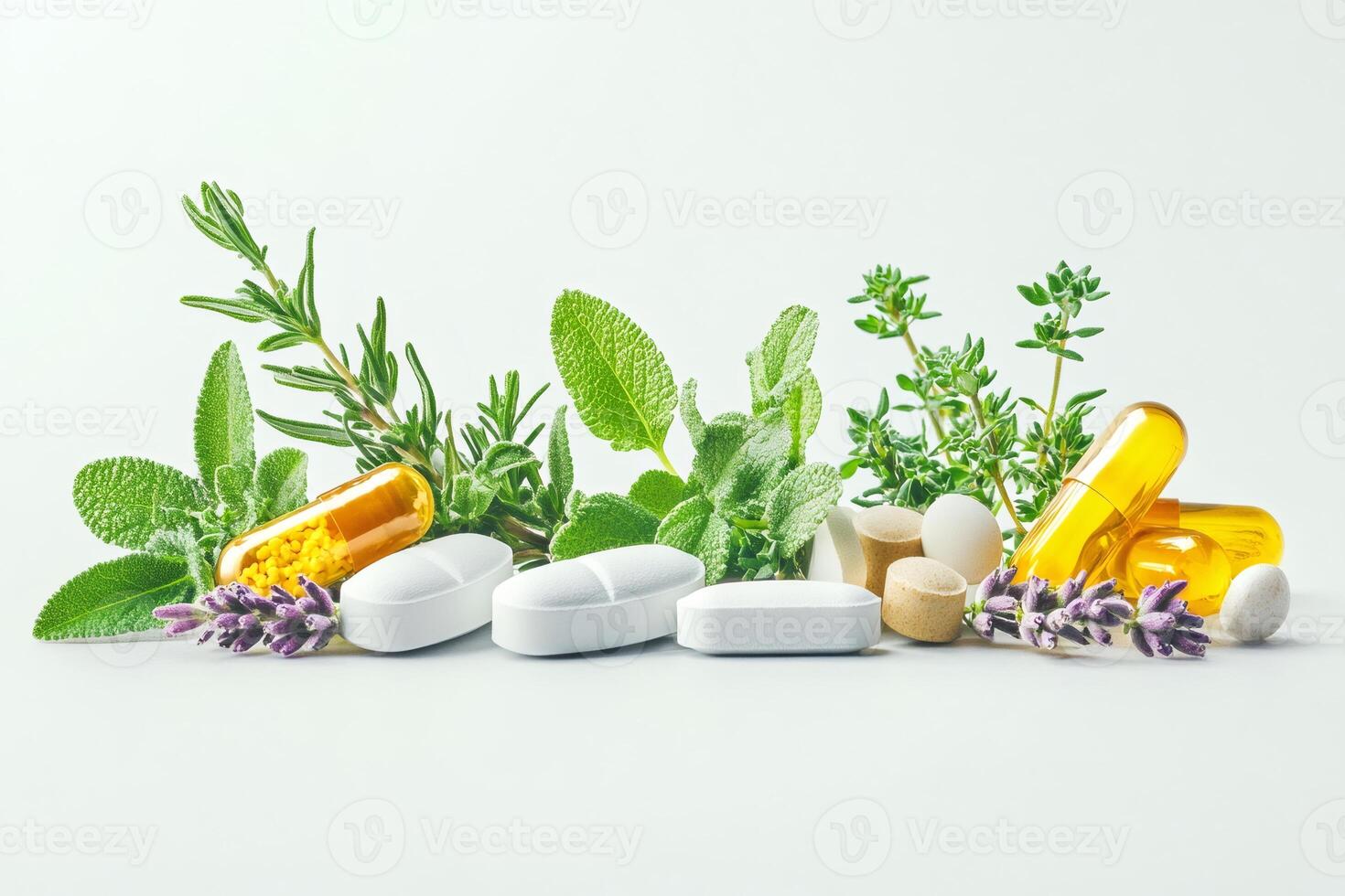 Alternative medicine with herbs and pills combining natural and pharmaceutical remedies photo