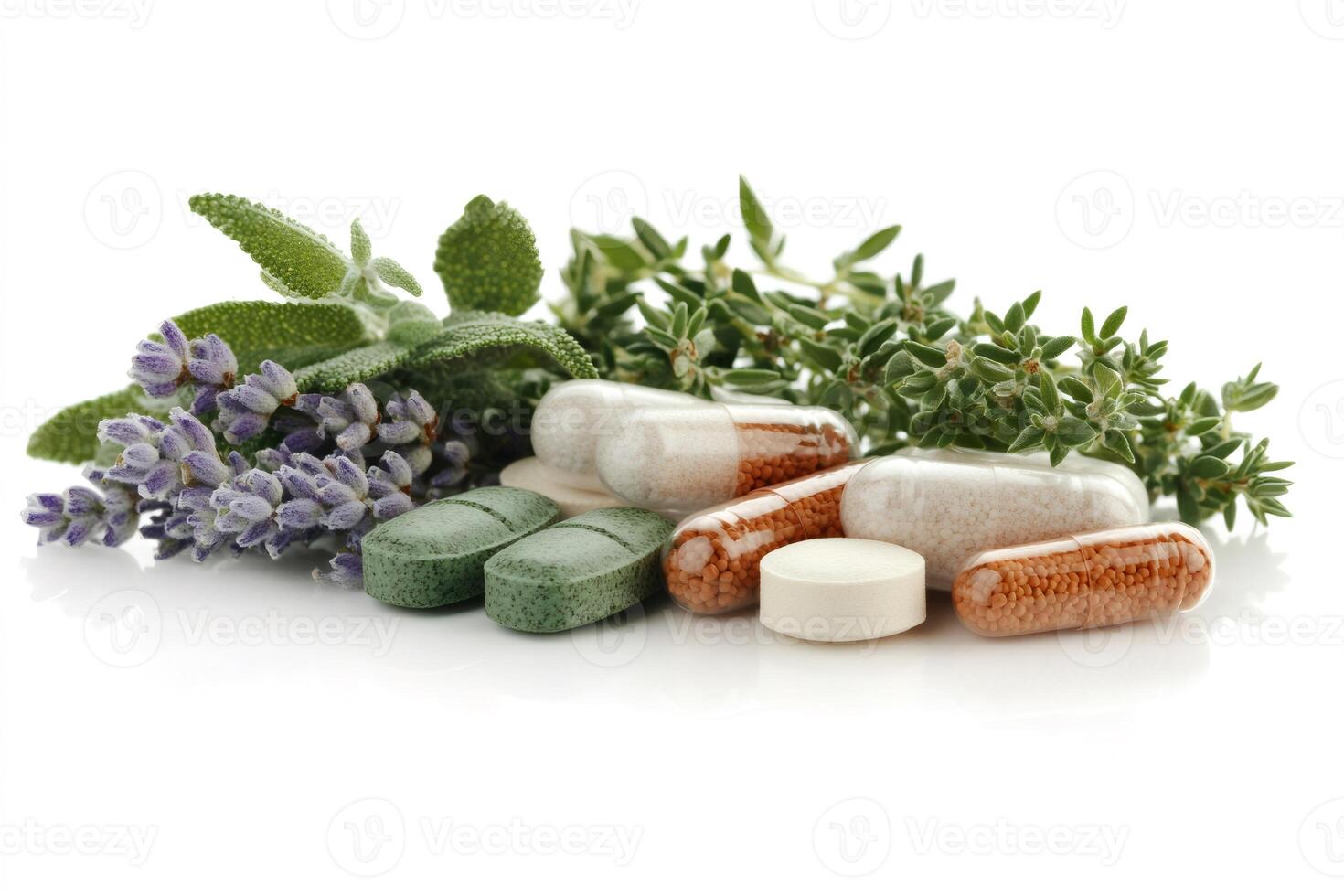 Herbal medicine and plants showing natural pharmaceutical pills and capsules photo