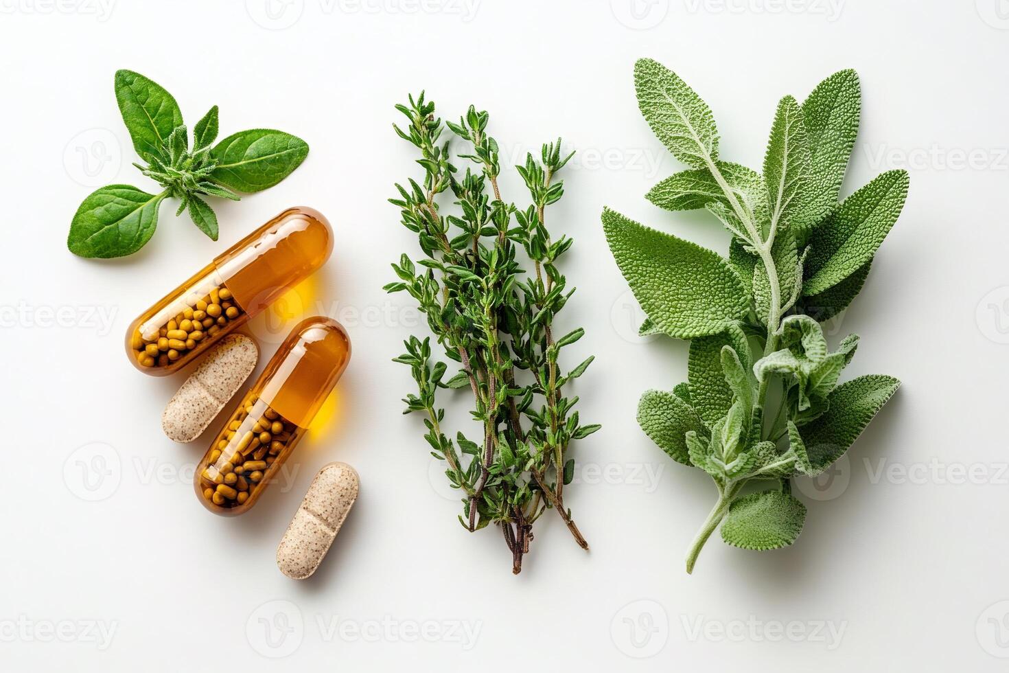 Herbal medicine and plants with capsules lying on white background photo