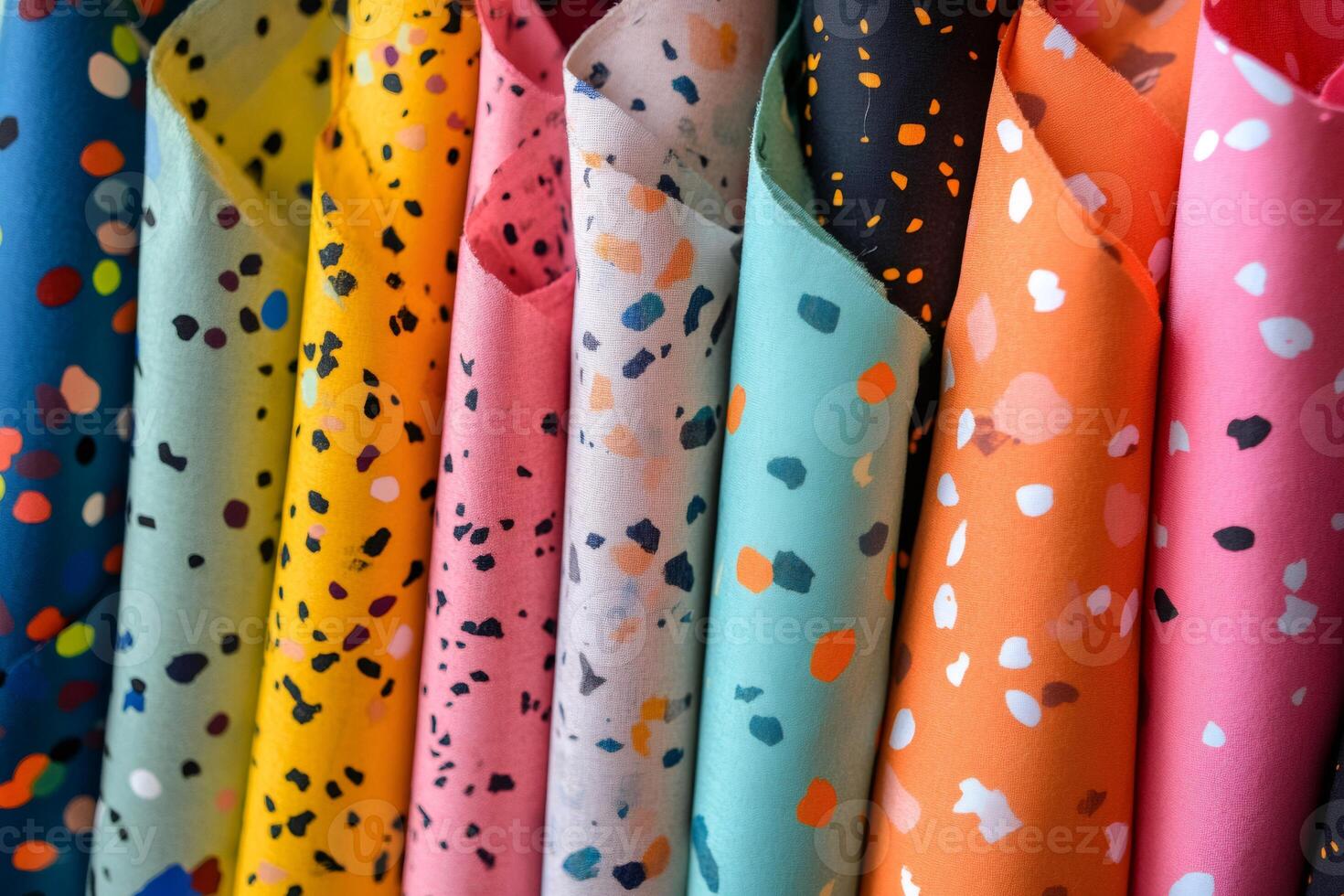 Colorful fabrics hanging in a store, showcasing vibrant patterns and textures photo