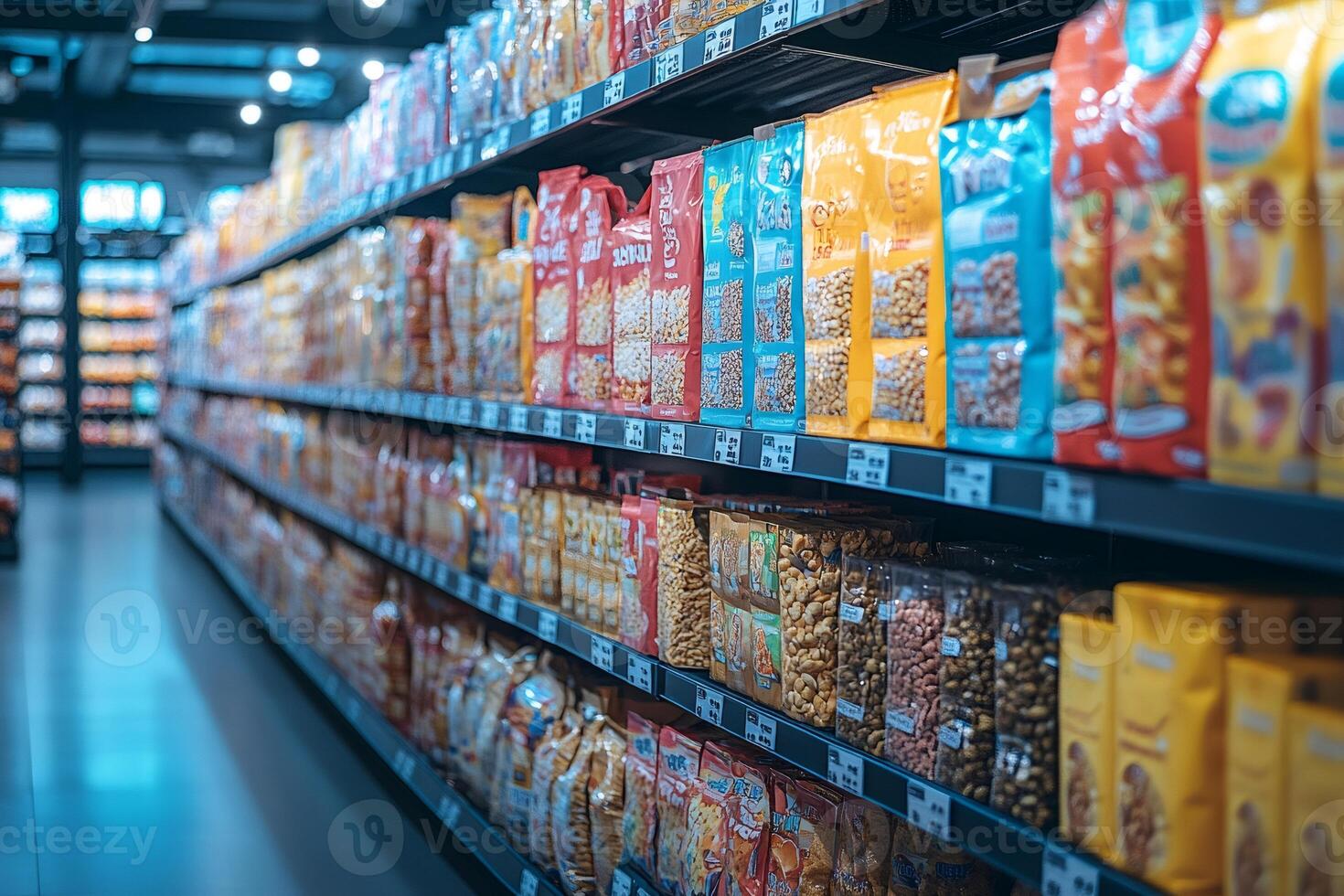 Supermarket shelves displaying colorful packaged snacks showing abundance and variety photo