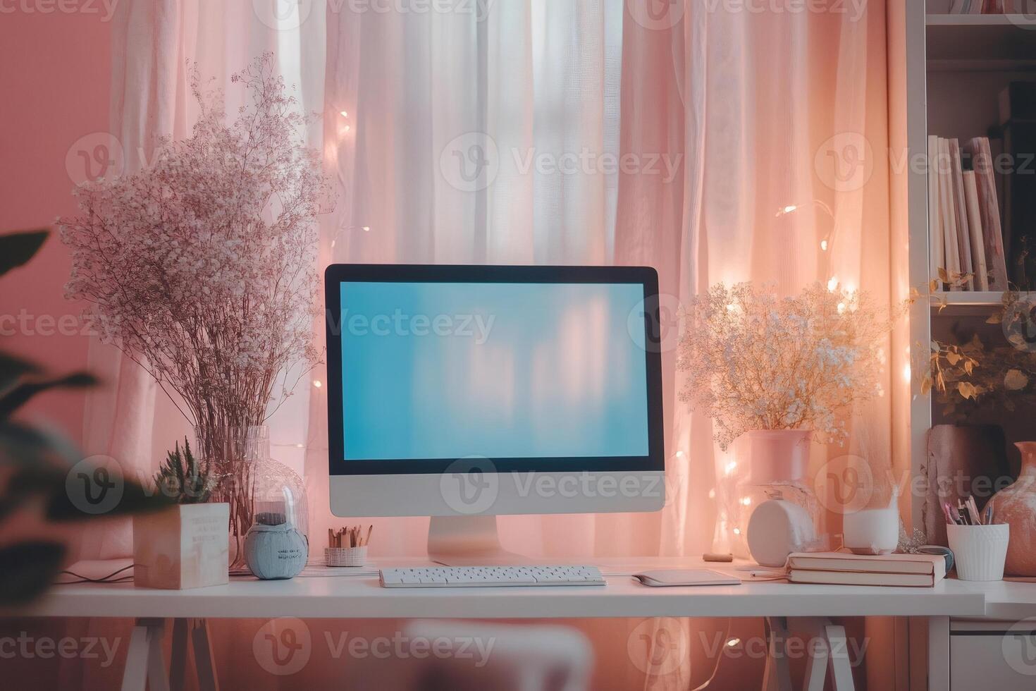 Cozy pink home office setup with blank computer screen and fairy lights photo