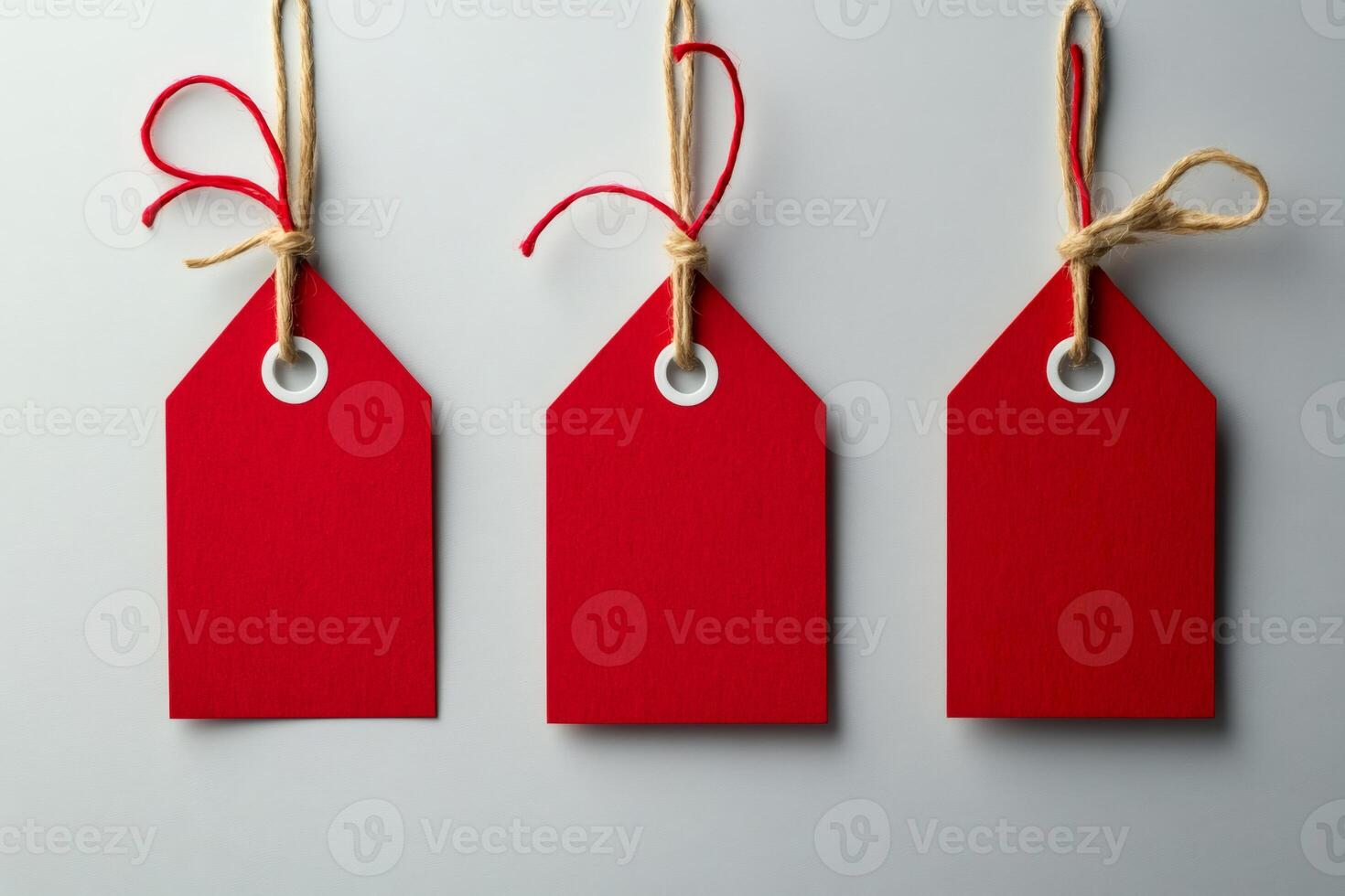 Three red blank hanging price tags with string on white background photo
