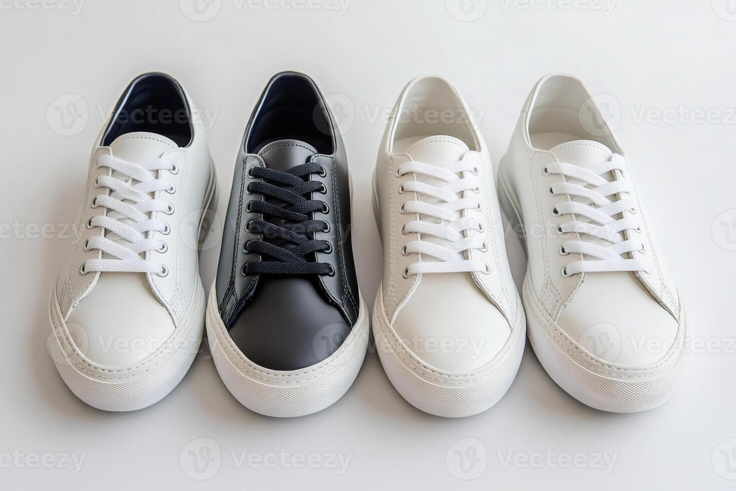 Three pairs of leather sneakers, two white and one black, standing on white background photo