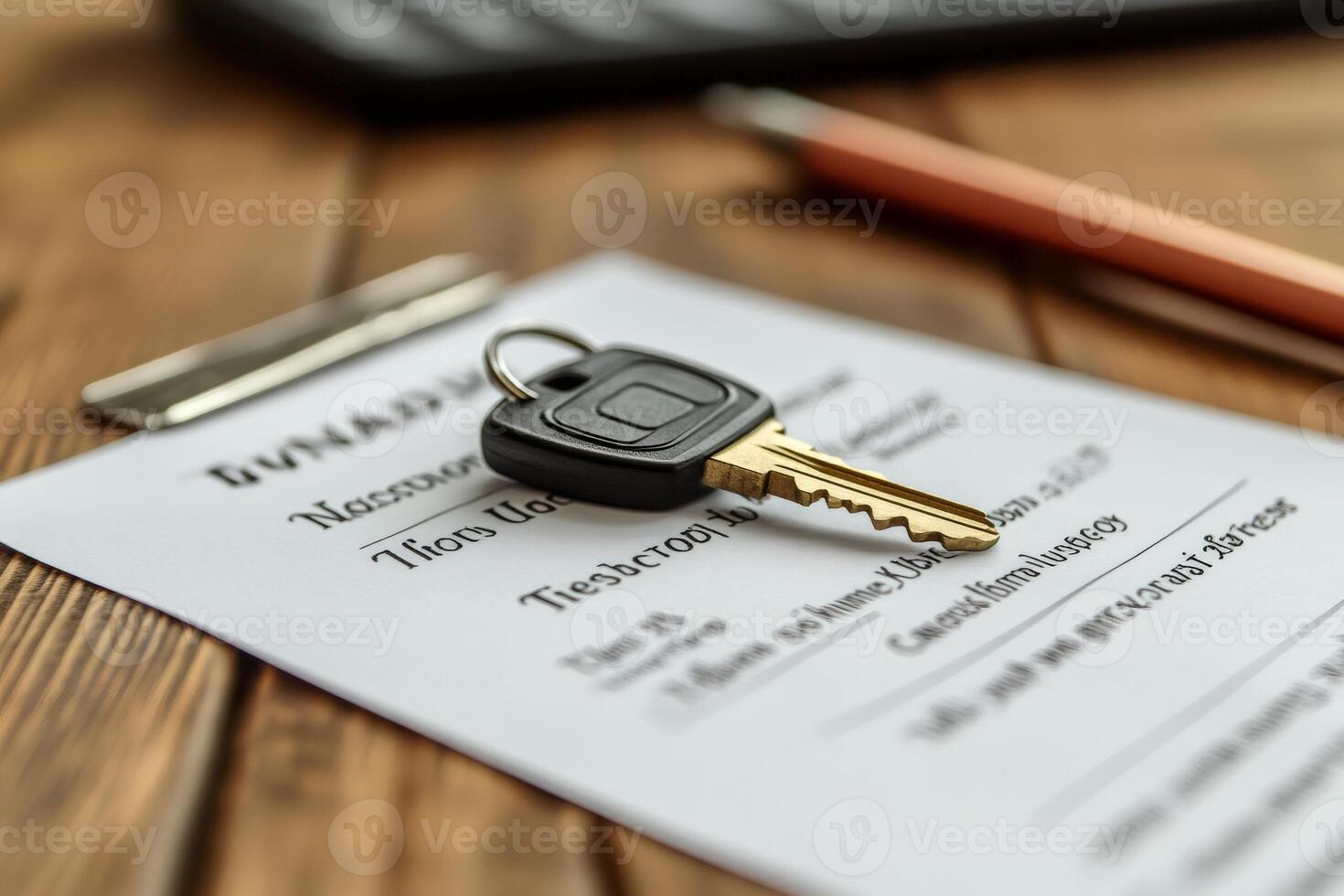 Car Keys Resting on a Hungarian Purchase Agreement on a Wooden Table photo