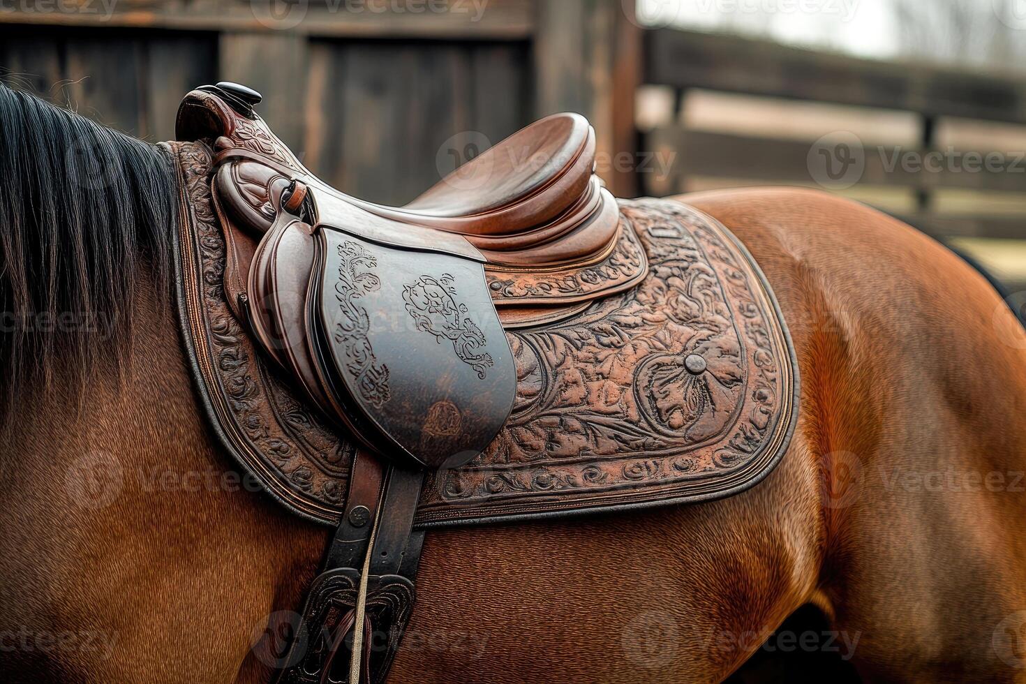 Elegant handcrafted leather saddle resting on a horse in a stable photo