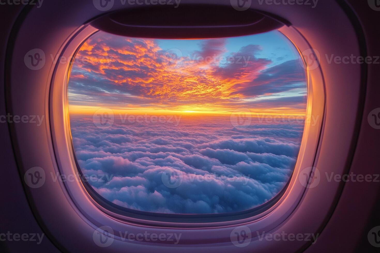 Breathtaking sunset over clouds seen from airplane window during flight photo