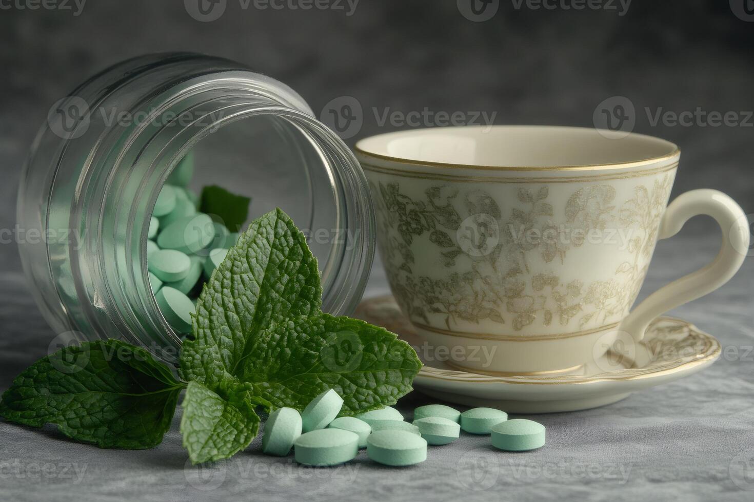Mint pills spilling from glass jar with fresh mint leaves and teacup on gray background photo
