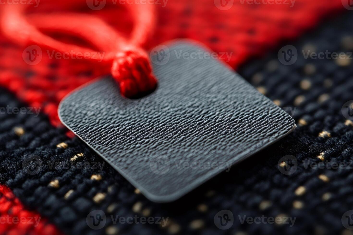 Black blank rectangular label with red string on textured fabric photo