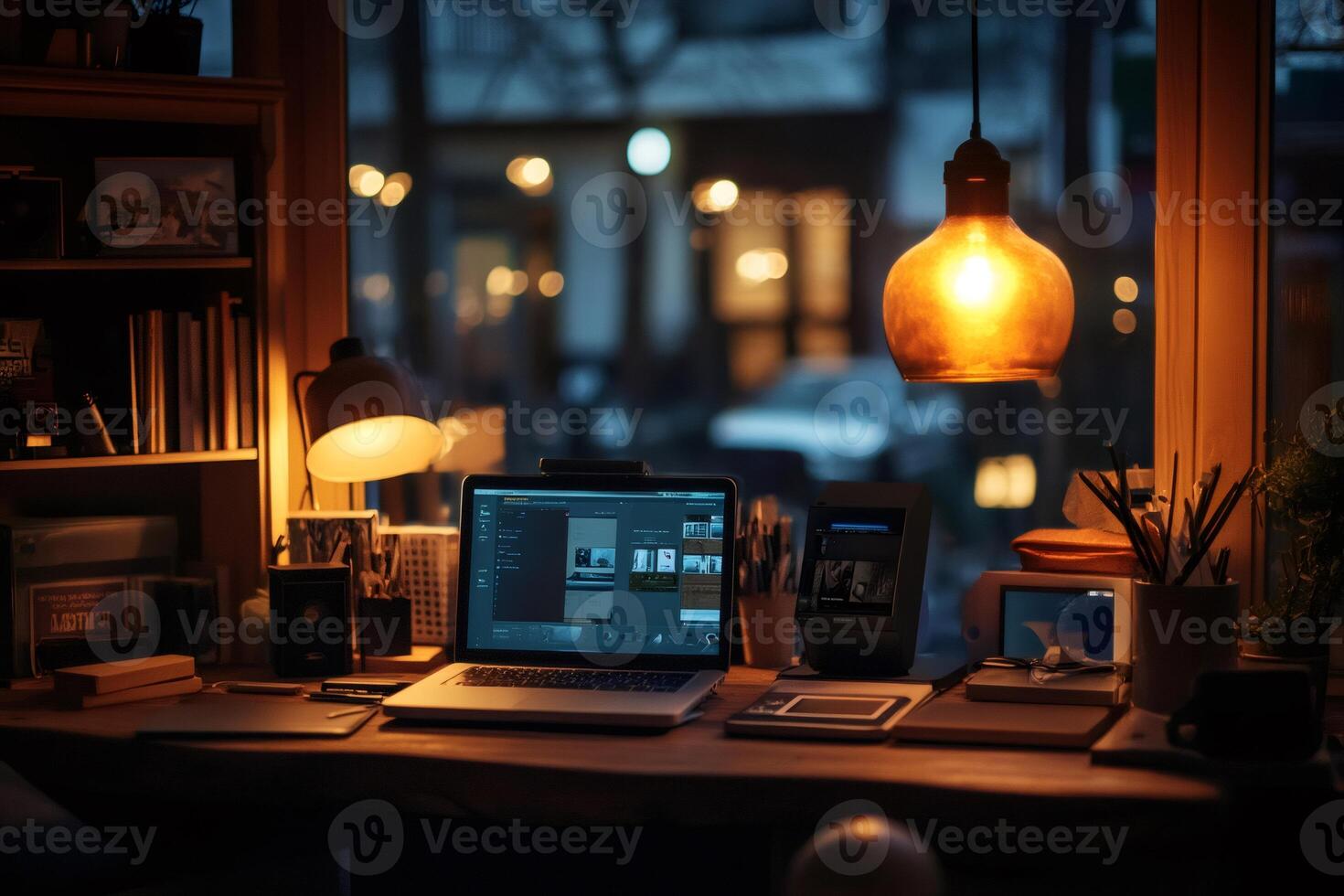 Cozy home office setup with laptop and warm lighting illuminating workspace at dusk photo