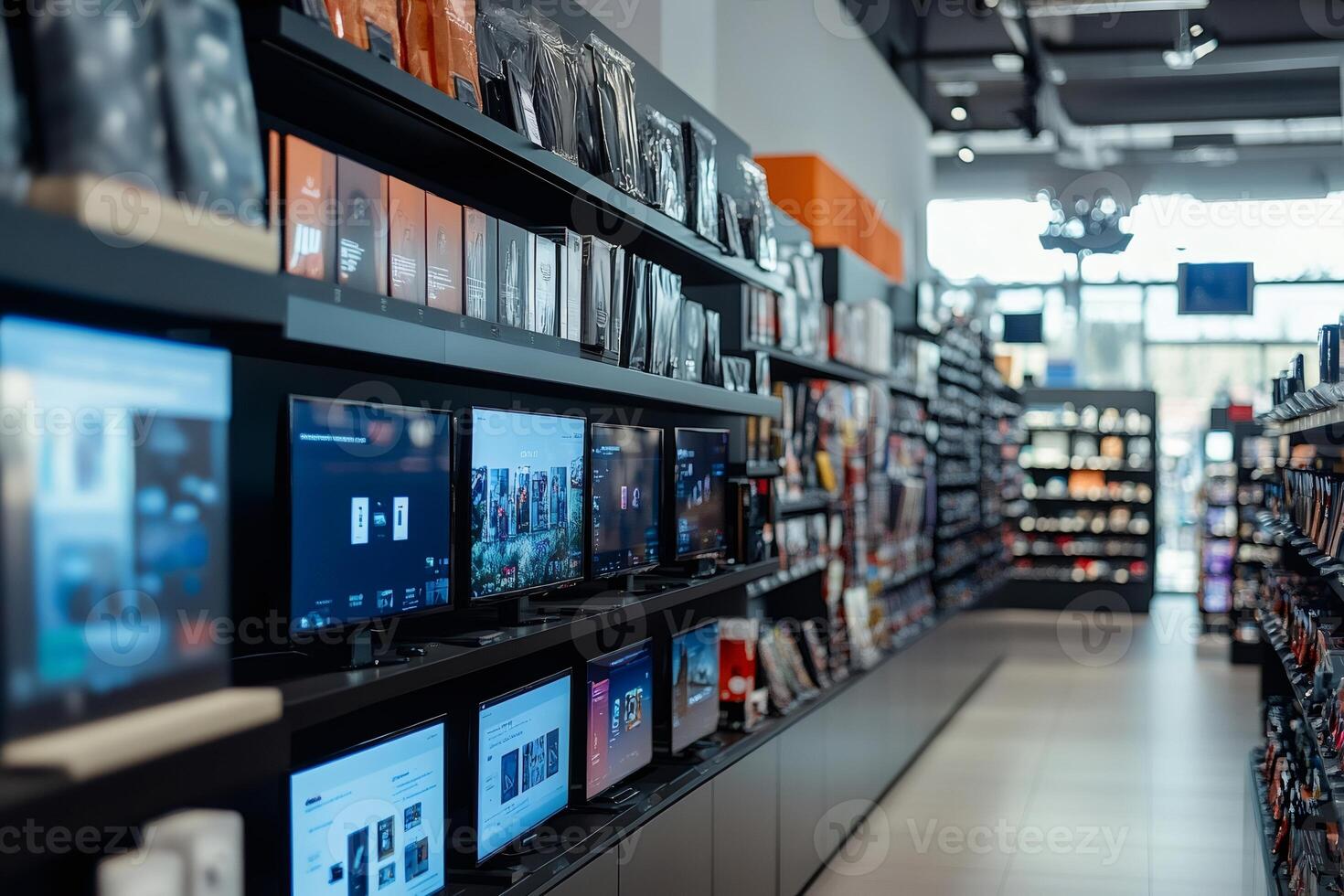 Modern electronics store showing multiple monitors and accessories on display photo