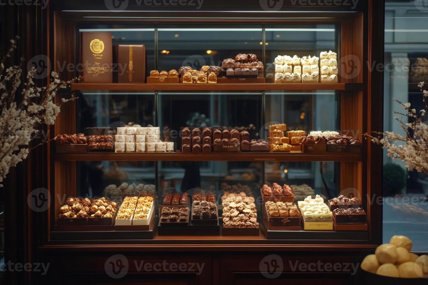 Assortment of delicious chocolates and pralines displayed in a luxury chocolate shop window photo