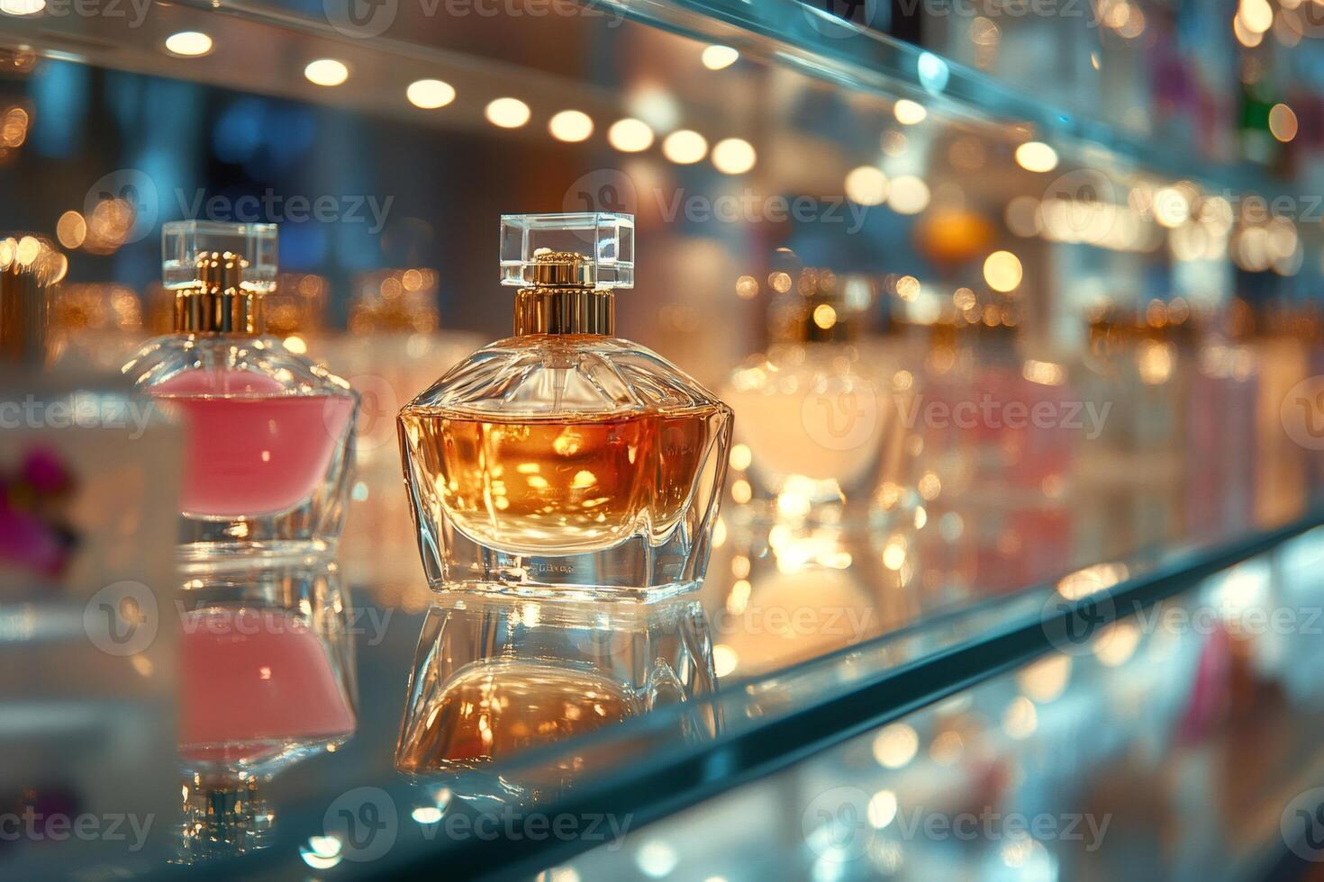 Perfume bottles sitting on a glass shelf reflecting warm light photo