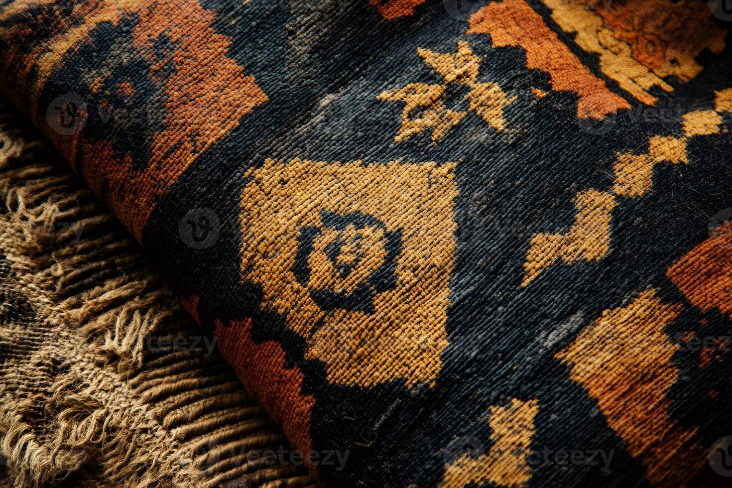 Close-up of traditional woven fabric showing intricate details and rich texture photo