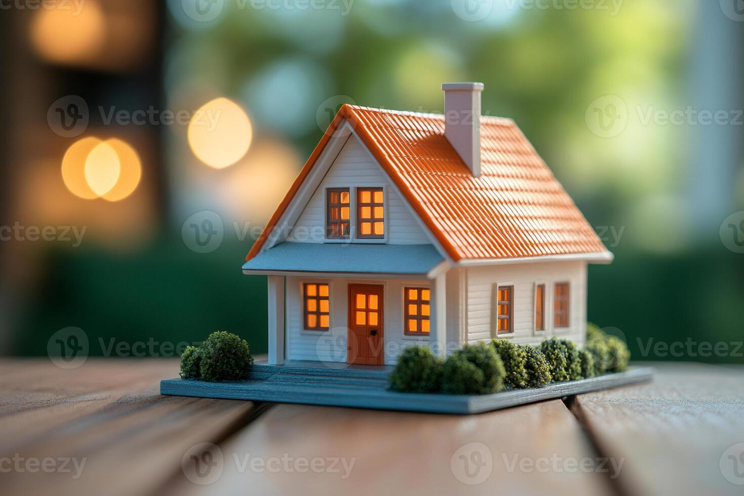 Small house model standing on wooden table with warm lights in the background photo