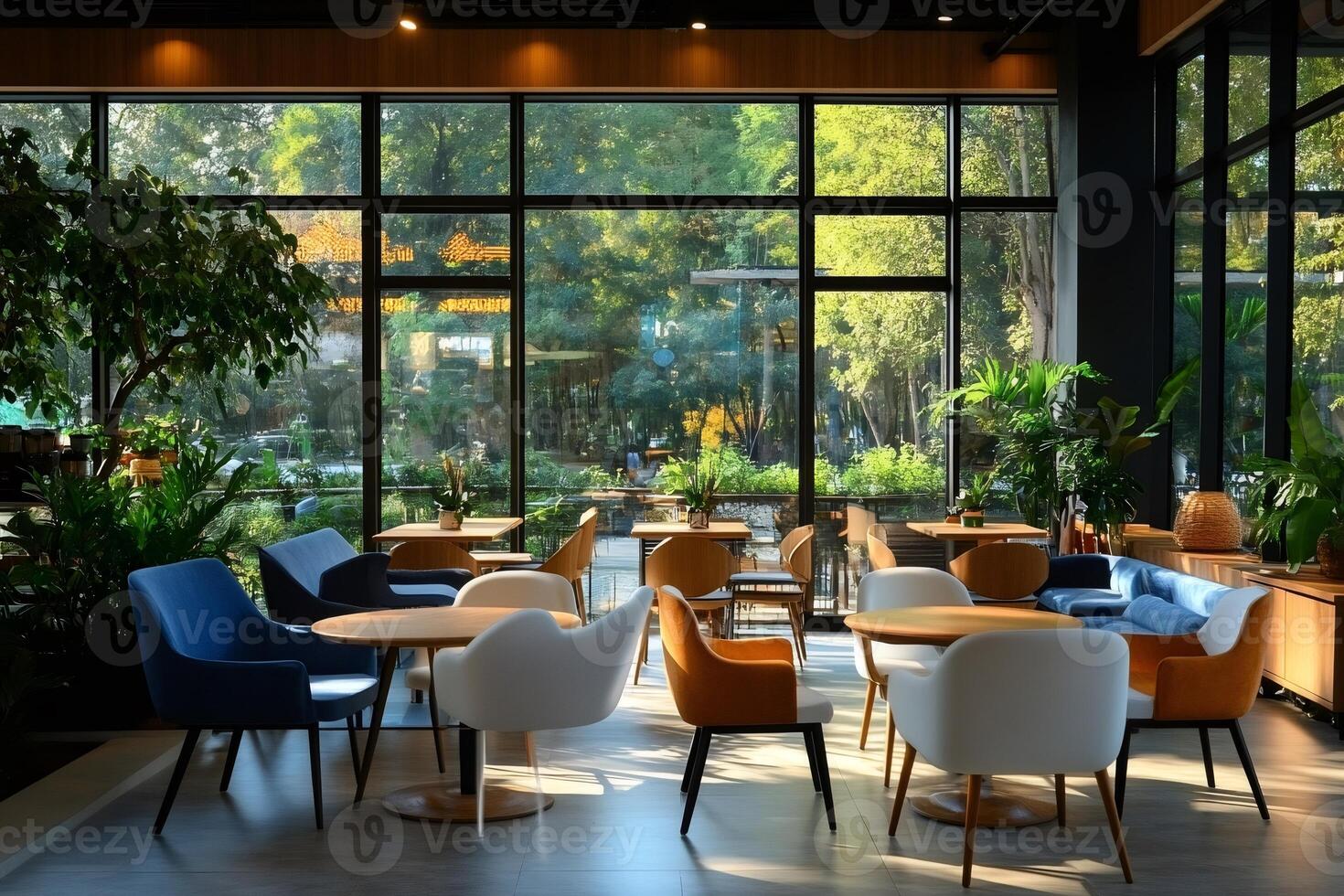 Modern cafe interior design with large windows overlooking park photo