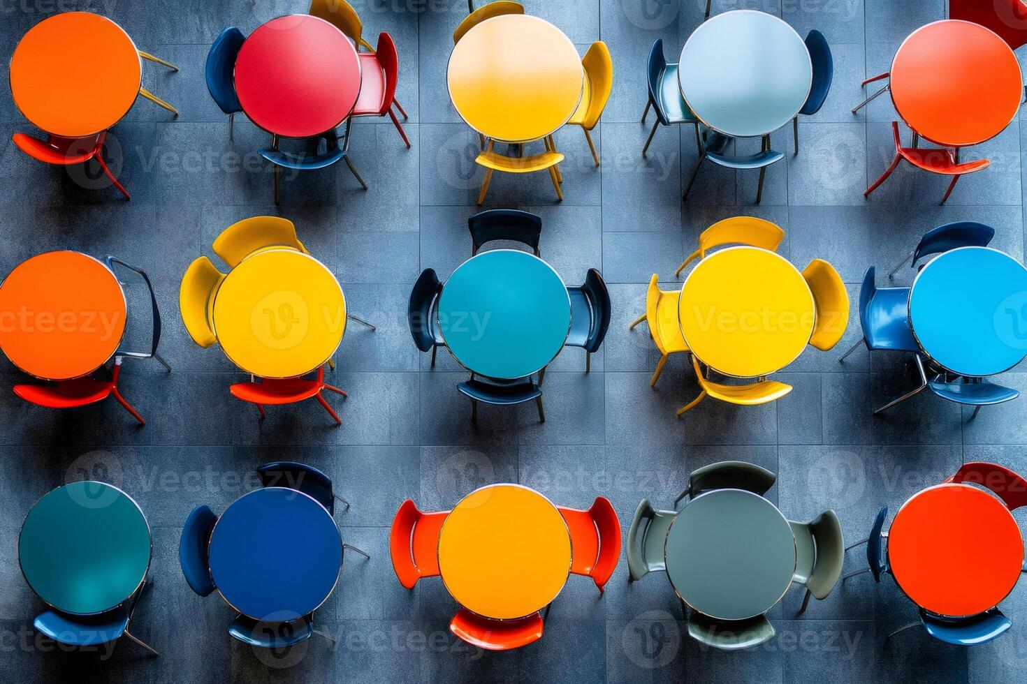 Colorful tables and chairs forming a pattern in a modern cafeteria photo