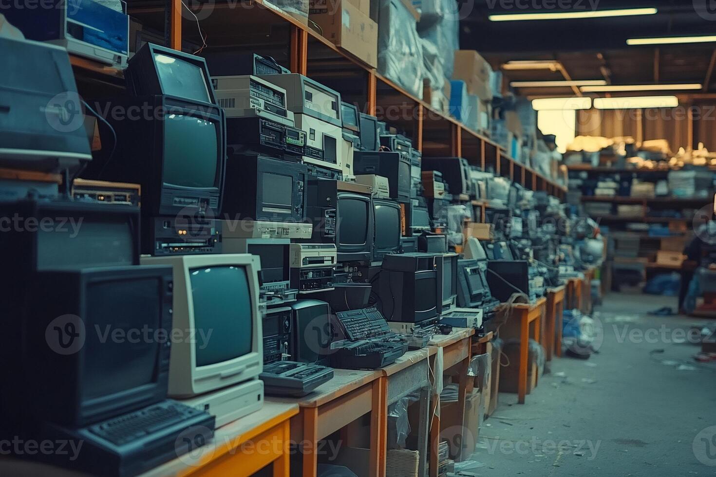Warehouse storing old televisions, computers and obsolete technology photo