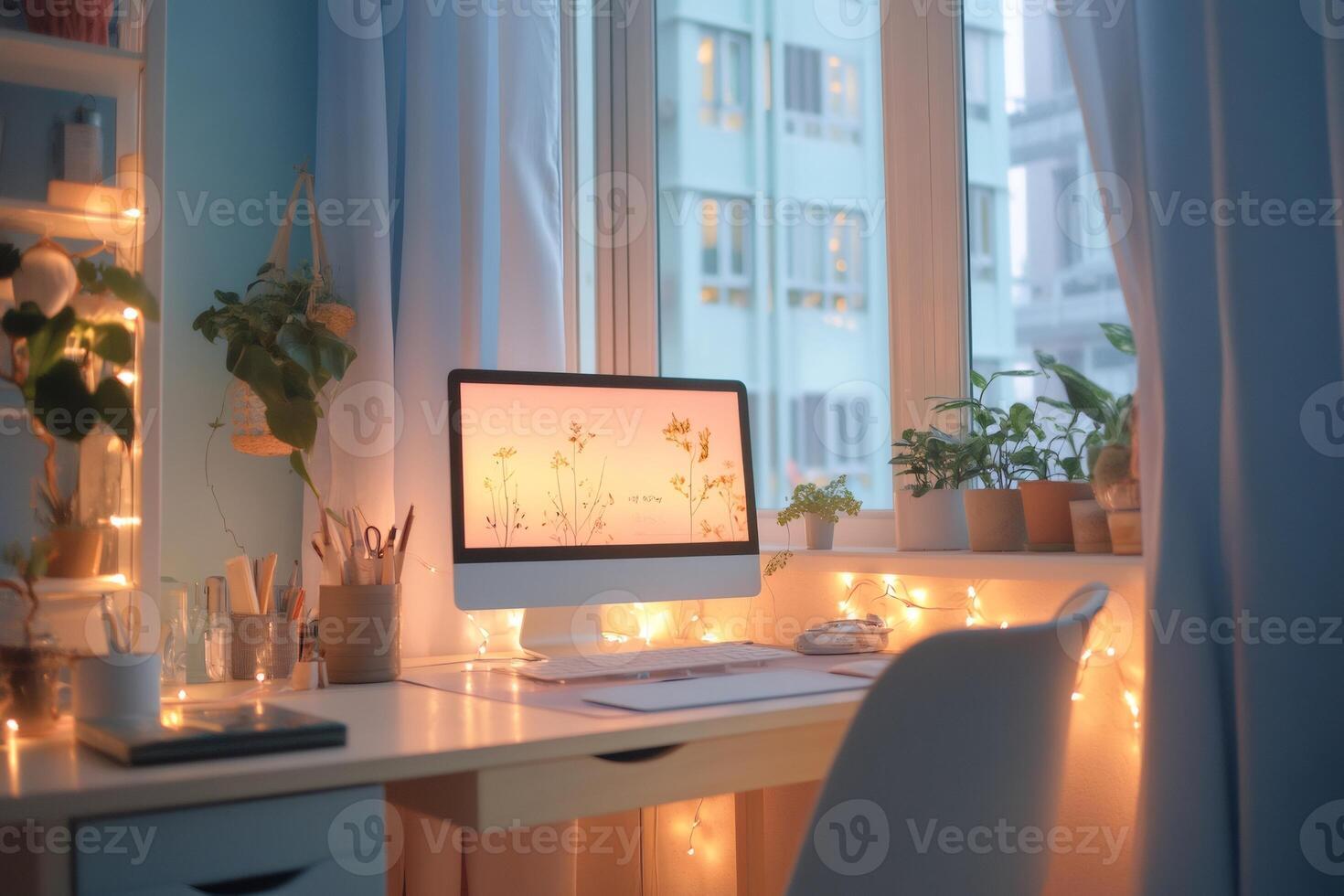 Cozy home office setup with fairy lights and plants creating a relaxing atmosphere photo